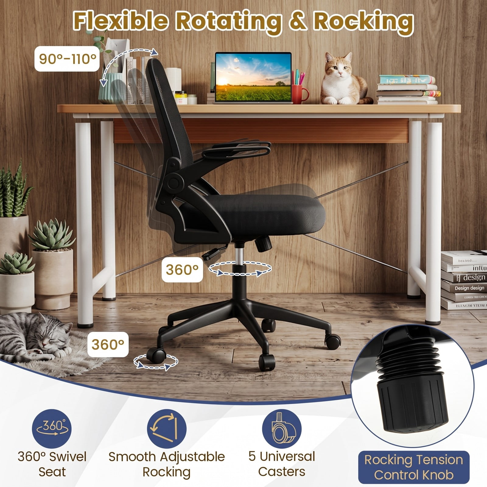 Furnibear Ergonomic Computer Desk Chair, Mesh Home Office Task Chair with Lumbar Support, 90 Degree Flip-up Armrests, Height Adjustable Swivel Rocking Chair, Black