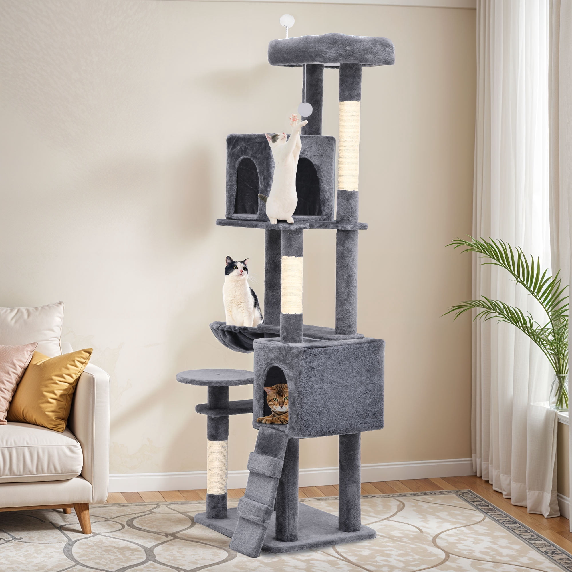 Uforic 70.8" Cat Tree Tower for Indoor Cats,Multi Level Play Tower Condo  with Scratching Posts&Cozy Basket, Light Gray