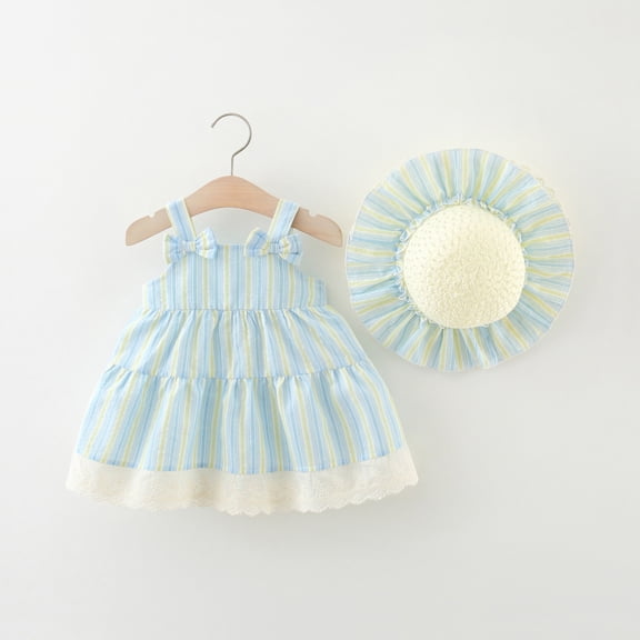 Pejock Toddler Girl Dress 6M-3T, Sleeveless Stripe Lace Dress Hat Set for Baby, Ruffles Casual Party Photo Outfit, Baby Shower Wedding