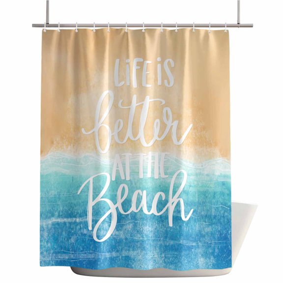 Shower Curtains for Bathroom-72"x72",Life Is Better at The Beach Quote Waterproof Bath Curtain Grommet Shower Curtain Set with Hooks,Blue Khaki Ombre Costal Washable Bath Accessories