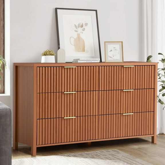 Haverchair 6 Drawer Dresser with Fluted Panel, Wide Chest of Drawers, Curved Wooden Dresser for Closet with Metal Wide Handle, Storage Dresser Organizer for Bedroom, Living Room, Hallway, Brown