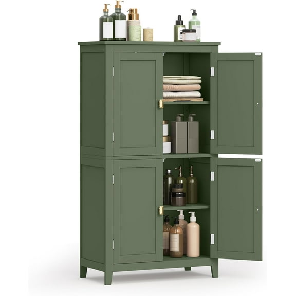 Bathroom Floor Storage Cabinet, Bathroom Storage Unit, Freestanding Cabinet with 4 Doors, Adjustable Shelves, 11.8 x 23.6 x 43.3 Inches, Forest Green