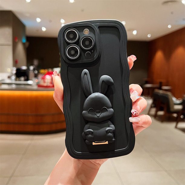 Funda con soporte de conejo de dibujos animados para iPhone, carcasa de silicona suave con ondas rizadas para iPhone 11, 13, 12, 14 Pro Max, 7, 8 Plus, X, Xs, Max, Xr, SE, 2, 3 Fivean unisex
