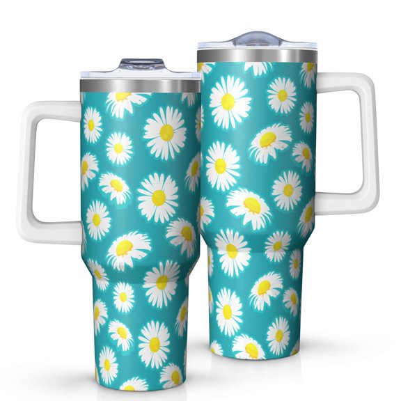 40oz Tumbler with Handle and Straw, Vacuum Insulated Stainless Steel Travel Mug, Fits Car Cup Holder, Daisy Floral Print