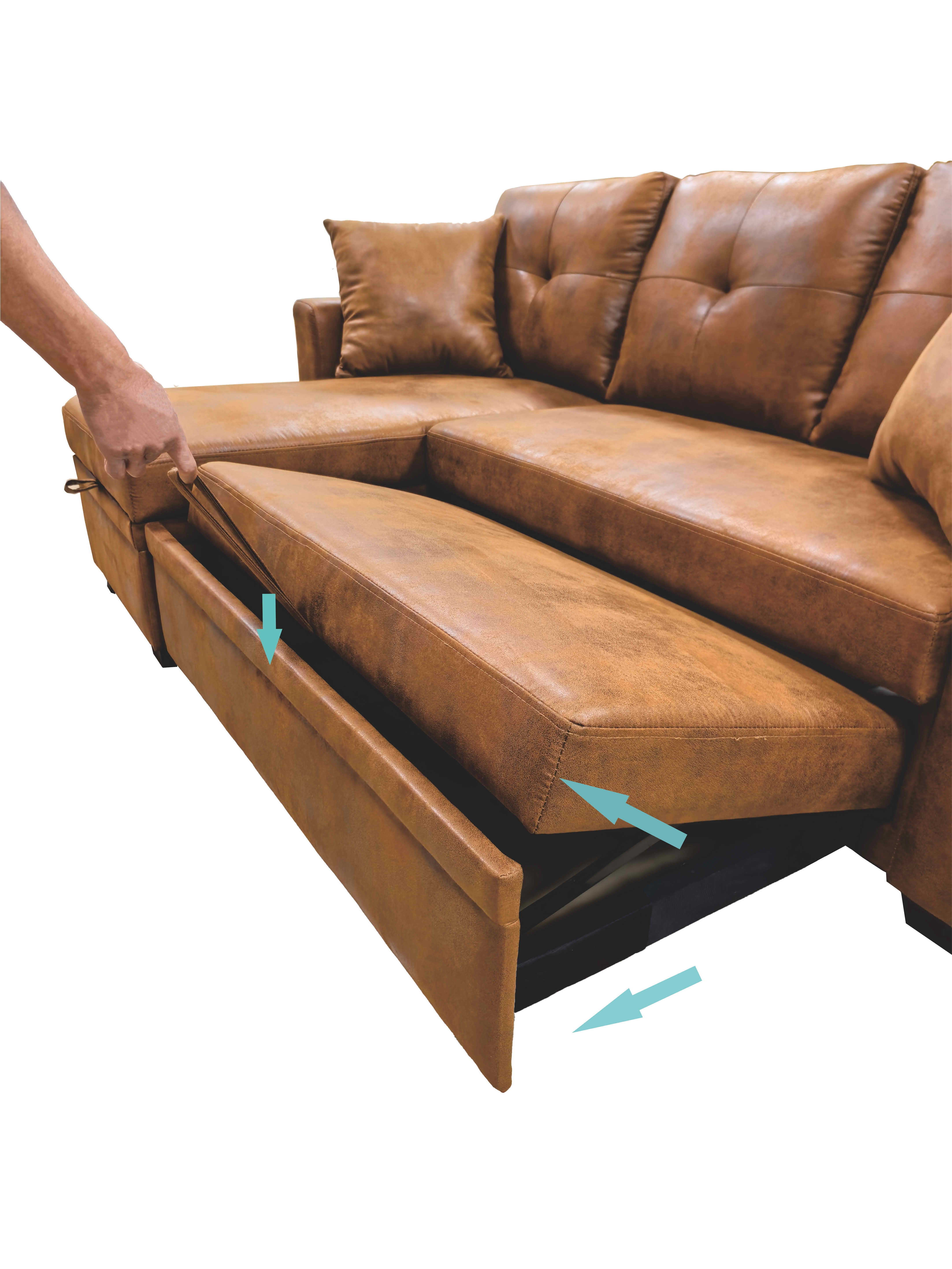 MAYEERTY L‑Shaped Sleeper Sectional Sofa, Convertible Pull‑Out Bed with Reversible Storage Chaise, Light Brown Breathable Fabric for Small Living Spaces