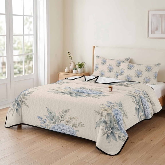 Farmhouse Blue Hydrangea 3 Pieces Quilt Set,1 Quilt with 2 Shams,Vintage Beige Background Bedspread Soft Lightweight Bedding Coverlet Comforter Set for All Season 90"x96"