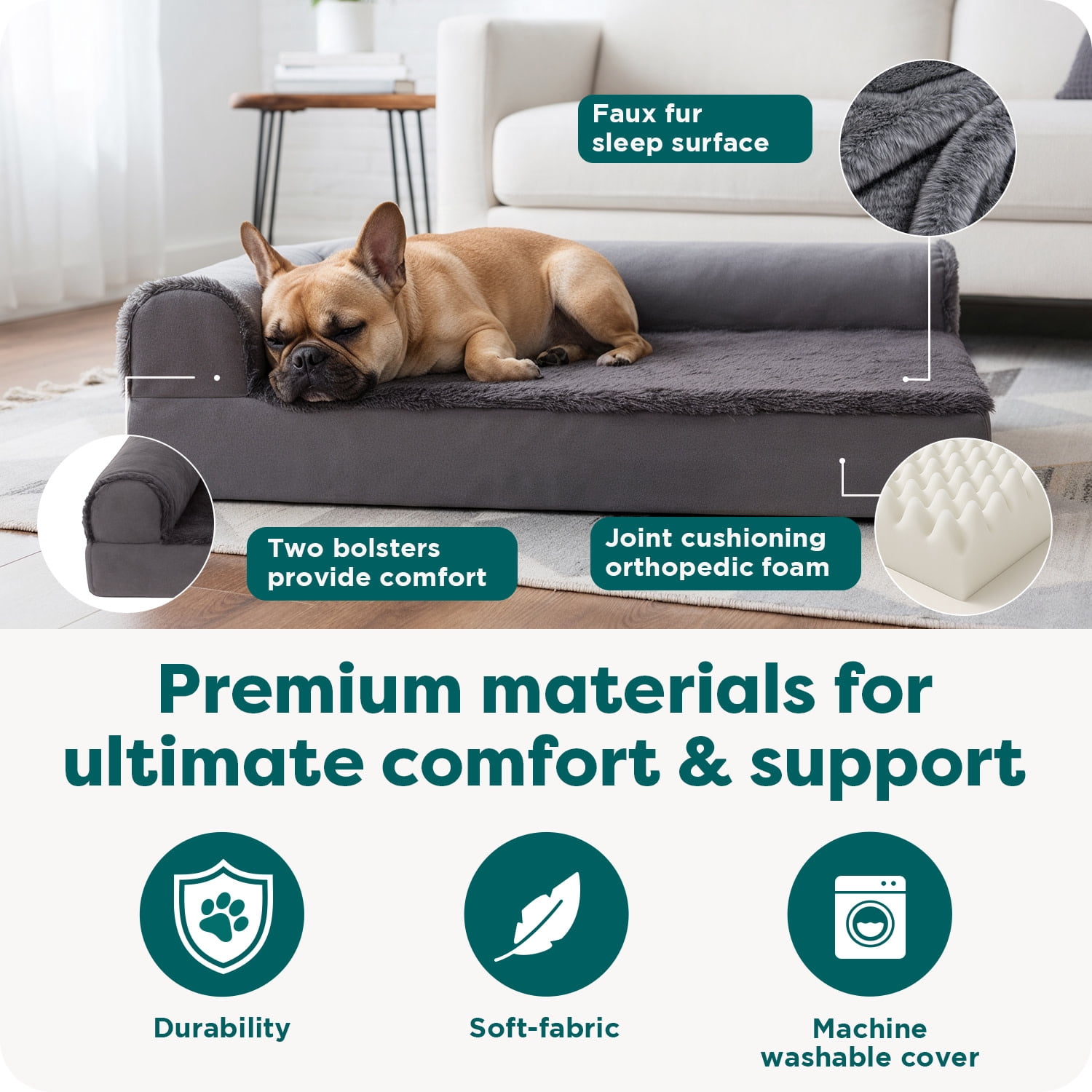 FurHaven Orthopedic Dog Bed for Medium Dogs, L-Shaped Chaise Mattress with Orthopedic Egg Crate & a Solid Orthopedic Foam Base for Joint Support, Washable Cover, Medium, Plush & Velvet, Platinum Gray