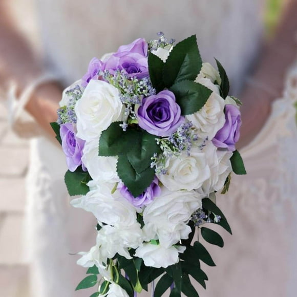 ziyahi Wedding Hand Bouquet Bridal Holding Artificial Flowers Hand Tied Flower White + Purple