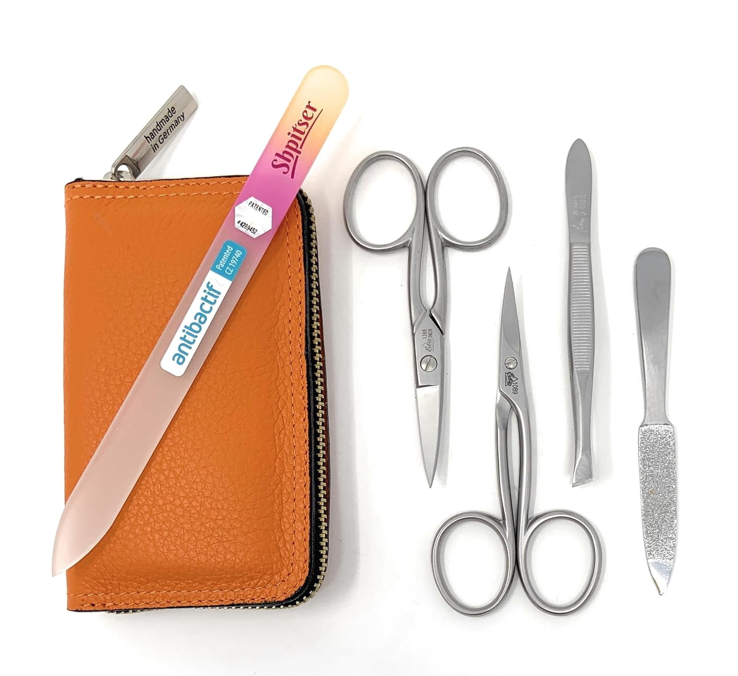 Erbe Solingen 4 pcs Surgical Stainless Steel German Manicure Set Grooming Kit In Luxury Genuine Leather Case Made in Solingen Germany With BONUS: SHPITSER Crystal glass Nail File