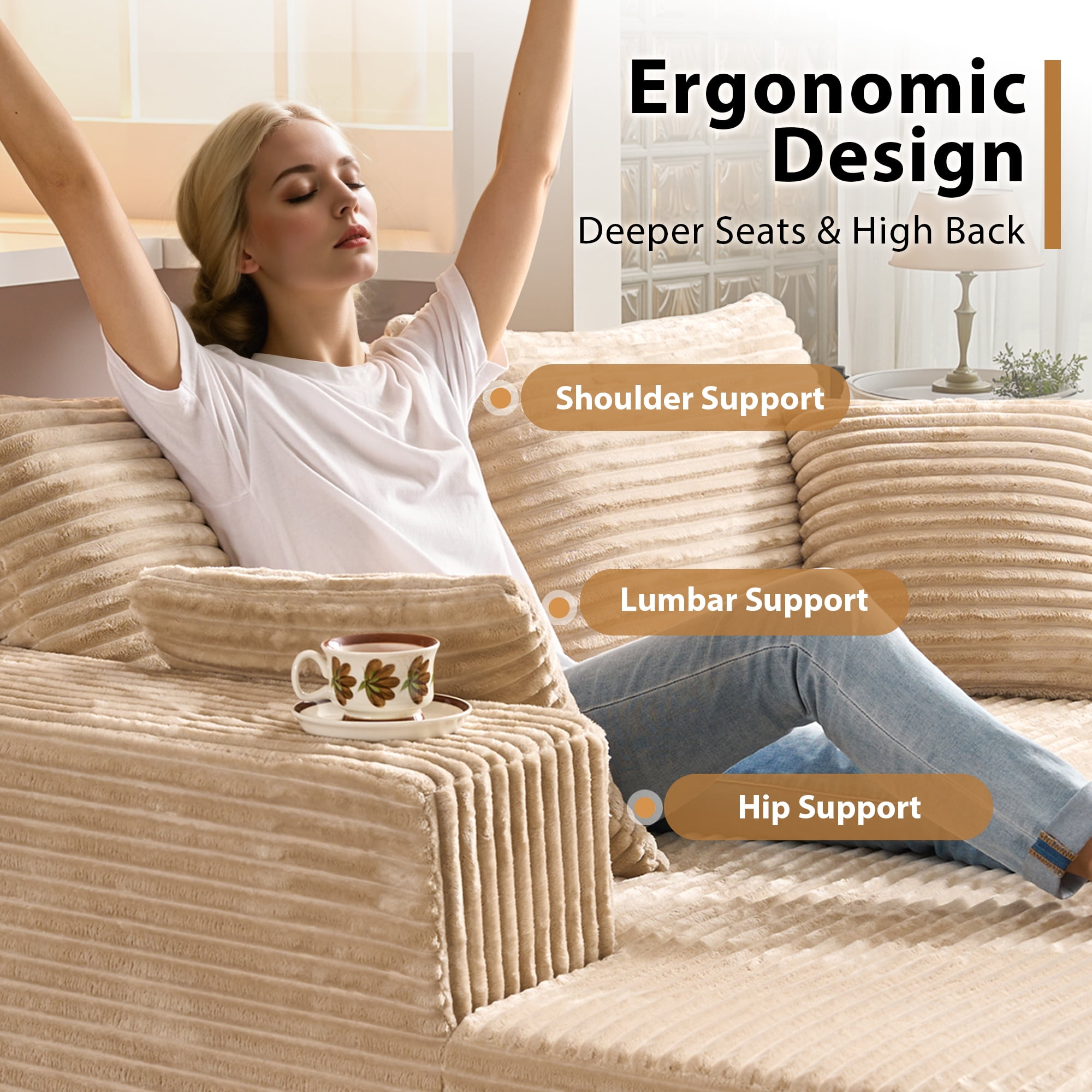 Vcatnet 75"x62" Modular Sectional Sofa Couch Plush Corduroy Chaise Lounge Loveseat Sofa Bed Oversized Upholstered Sleeper Sofa for Living Room and Bedroom, Beige