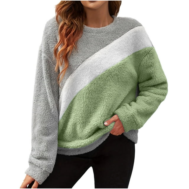 WRKEKC Chandails en Molleton pour Femmes Col Rond Manches Longues Couleur Unie Double-Polaire Chandail en Molleton Femmes Cozy Chandail pour Jours Frais