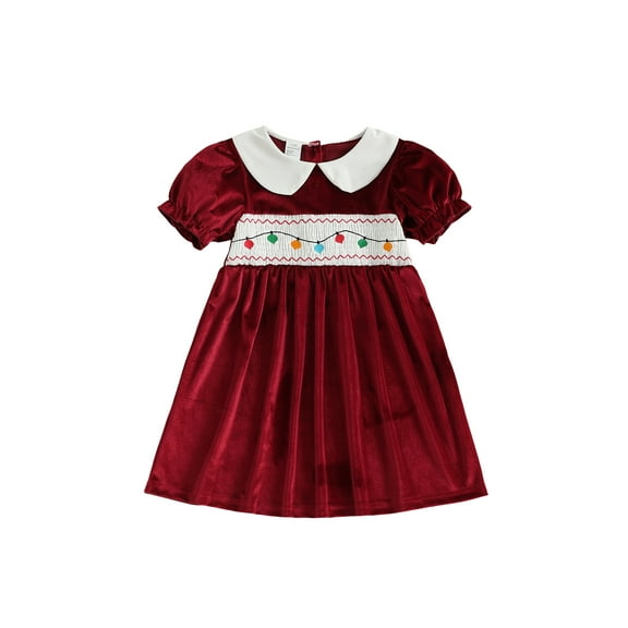 Miaouyo 1-7T Little Baby Girl Christmas A Line Dress String Lights Embroidery Short Sleeves Doll Collar Velvet Dress