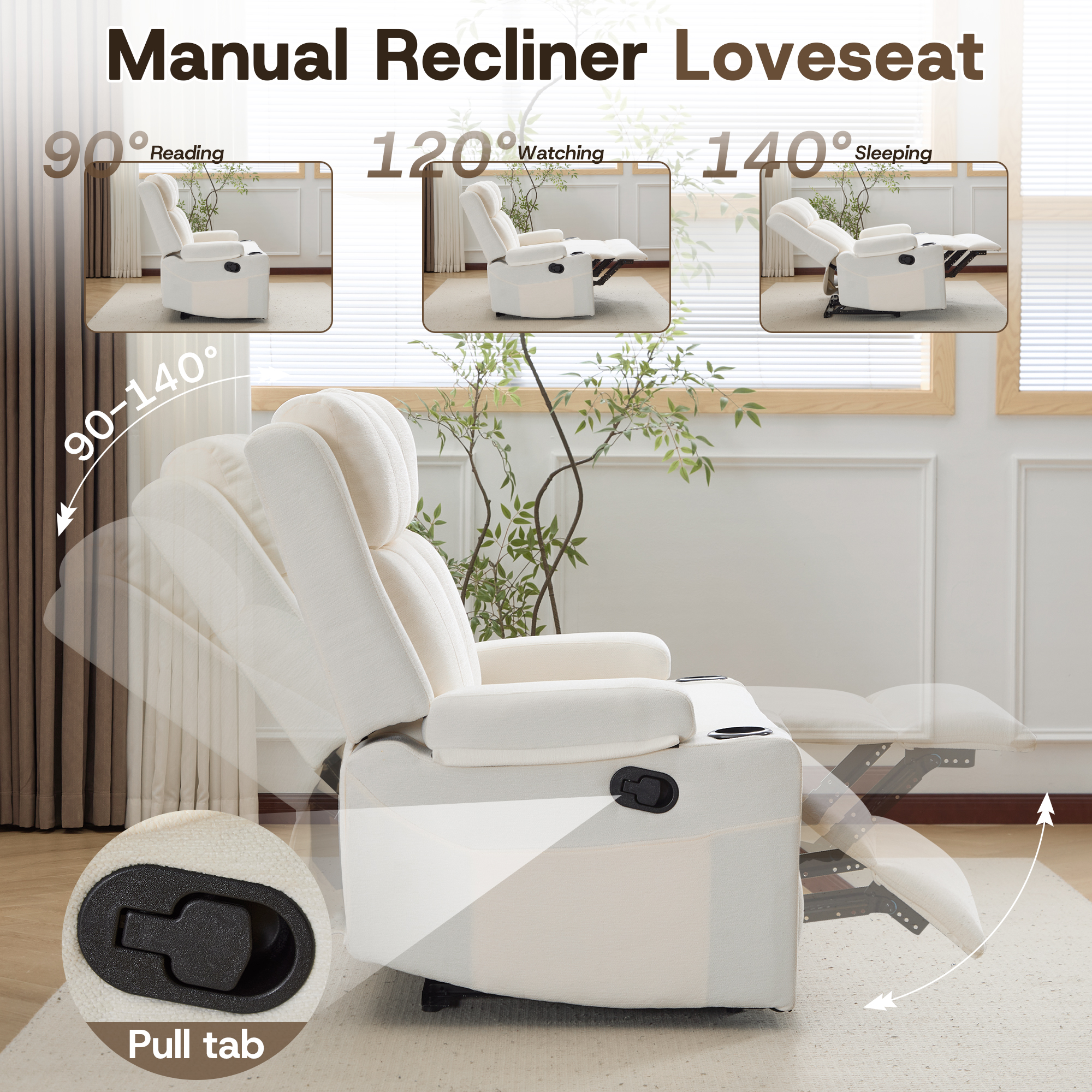 Chenille Reclining Couch, Manual Reclining Loveseat with Cup Holders, Wide Seat, Spill-Resistant Fabric, Easy Assembly, for Living Room/Apartment/RV Recliner Sofa