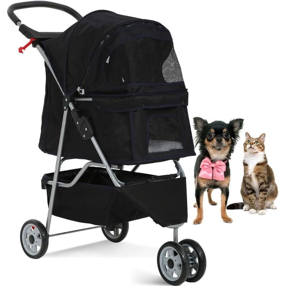 Dkelincs 3 Wheels Dog Cat Stroller Foldable Pet Stroller Travel Carrier with Cup Holder and Removable Liner, Black