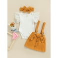 thumbnail image 2 of LMLYSoH Toddler Girls Summer Clothes Flying Sleeve Ribbed Romper and Solid Color Suspender Skirt with Headband 3Pcs Outfits, 2 of 8