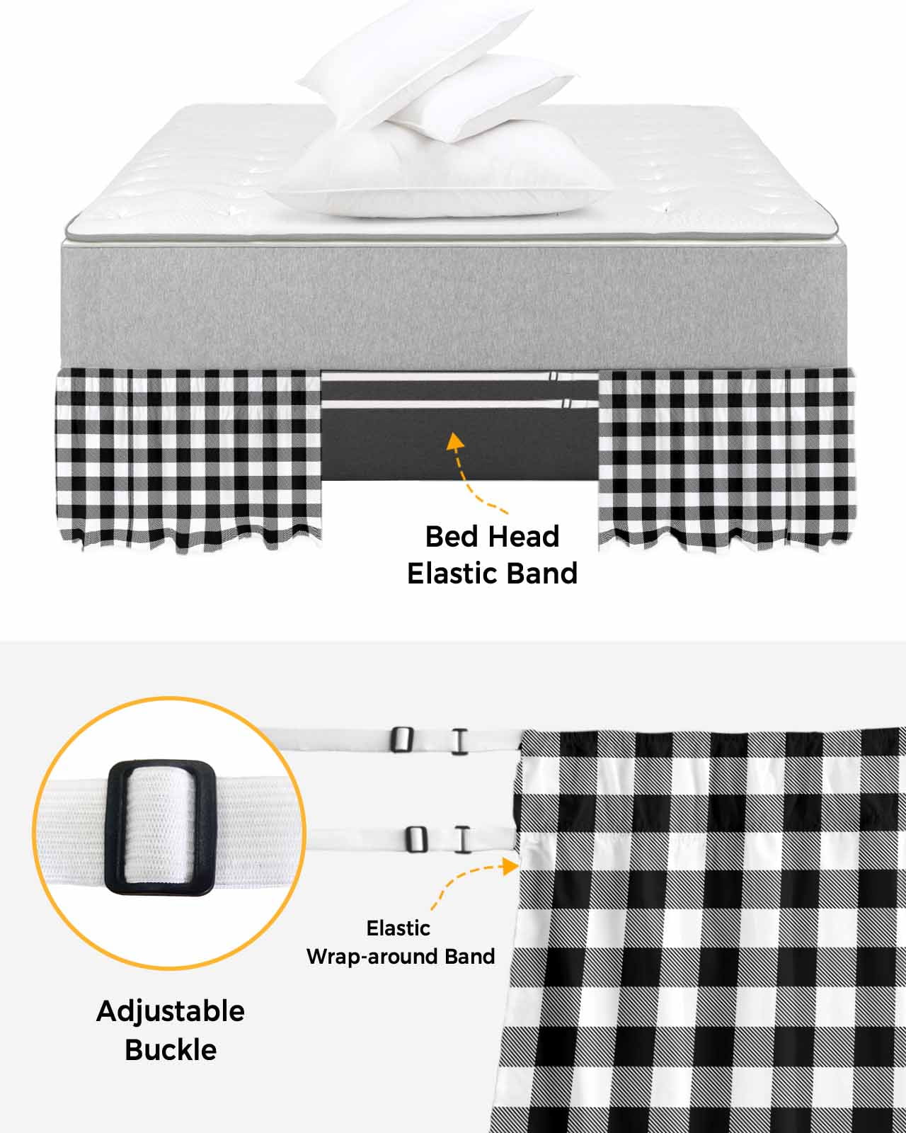 Black White Plaid Wrap Around Bed Skirts for Queen Bed 16" Drop,Bed Skirt with Adjustable Elastic Belt Dust Ruffle Bed Valance for Bedroom Hotel Luxury Farmhouse Modern Art Checkered Bed Frame Cover