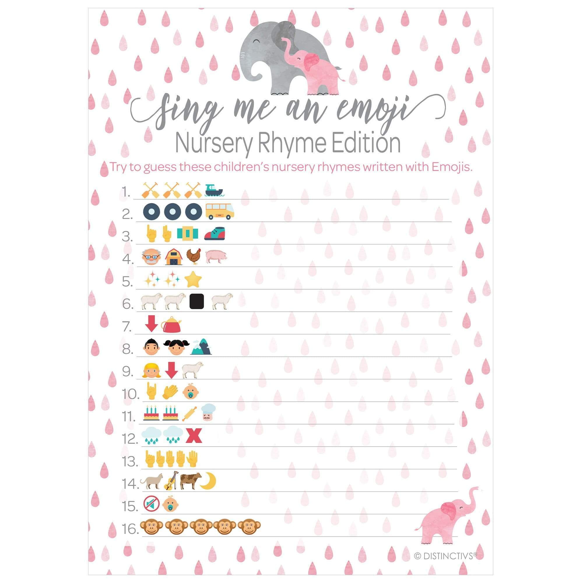 Pink Elephant Baby Shower Nursery Rhyme Emoji Game, 20 Players