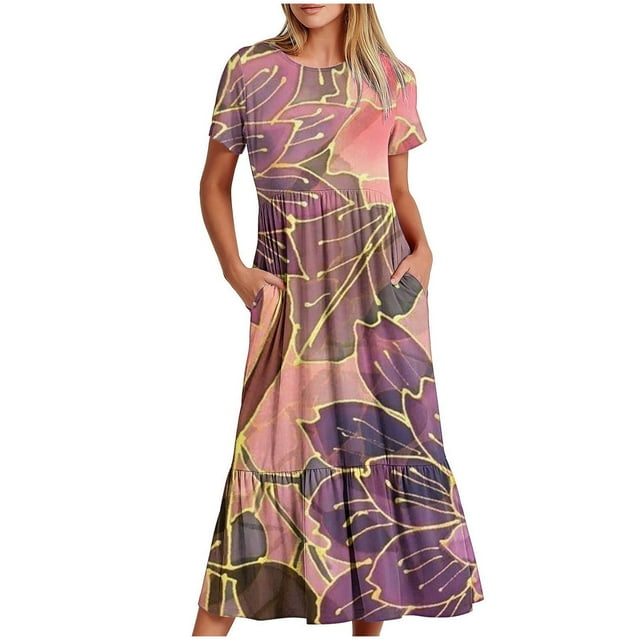 Dvkptbk Robes d'Été pour Femmes 2024 Mode Décontractée Bohème à Fleurs Robes de Plage Manches Courtes Col Rond Robe d'Été Fluide Maxi Robe de Plage Longue Robe Midi de Plage avec Poches P-2TG
