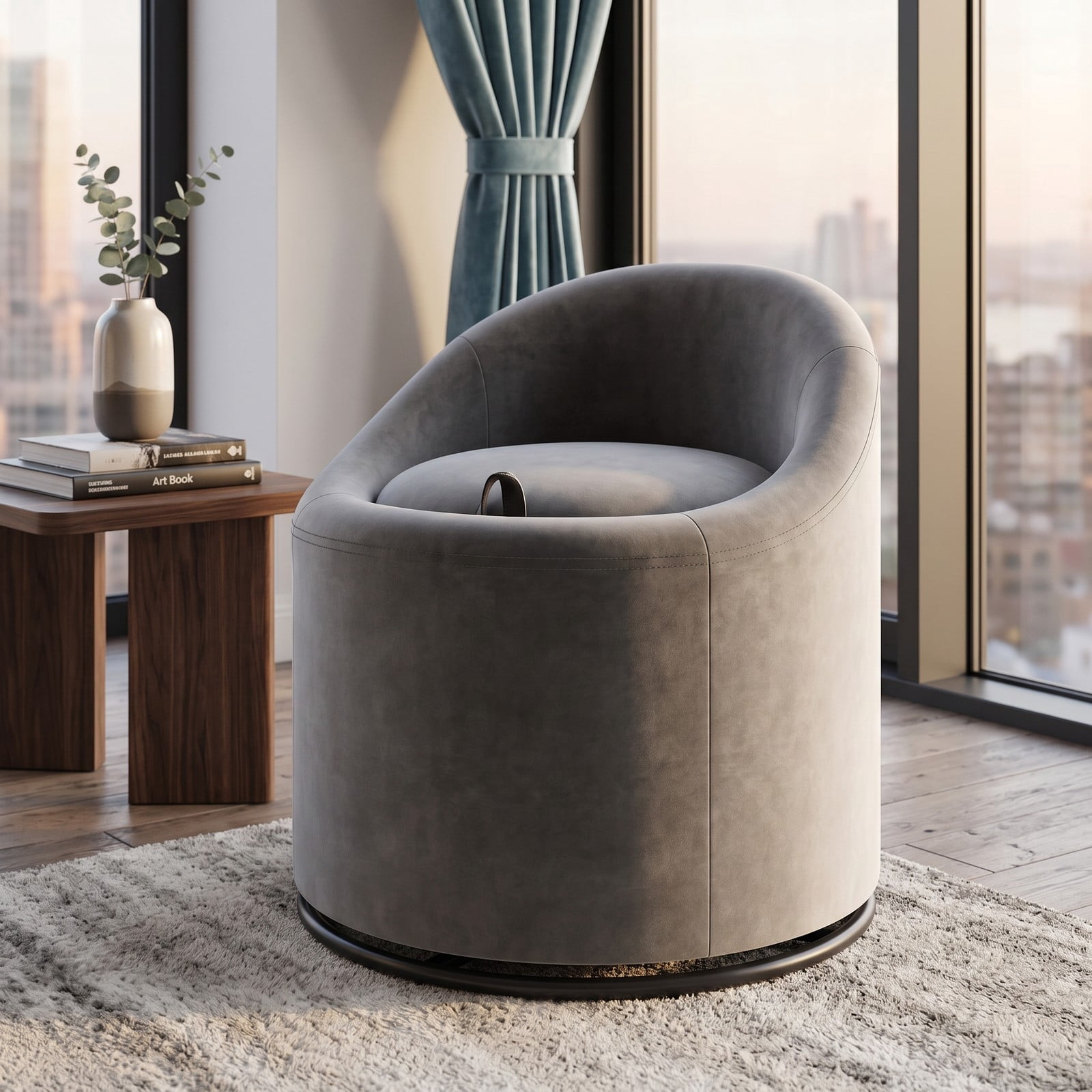 Furnibear Barrel Chair with Hidden Storage, 360 Degree Swivel Upholstered Velvet Accent Vanity Chair with Curved Backrest, Metal Base, No Assembly, for Bedroom, Gray