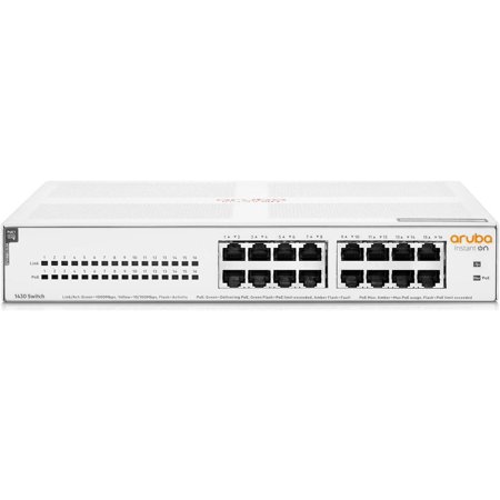 UPC: 0190017602196 | Aruba Instant On 1430 16-Port Gb Unmanaged PoE Switch | 16-Port Class 4 PoE (124W) – 16x 1G Ports | Fanless | US Cord (R8R48A#ABA)