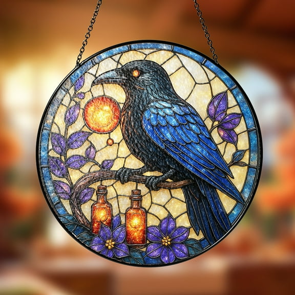 Raven and Potion Bottle Stained Glass Suncatcher, Magic Orb Flowers and Spell Aesthetic, Witchy Gift, Gothic Home Decor, Halloween Gift