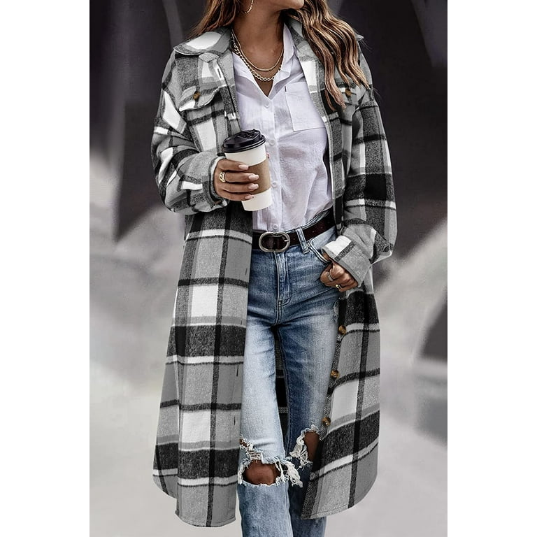 Women's Long Flannel Plaid Jacket Shacket Cozy Lapel Button Women's Long Flannel Plaid Jacket Shacket Cozy Lapel Button
