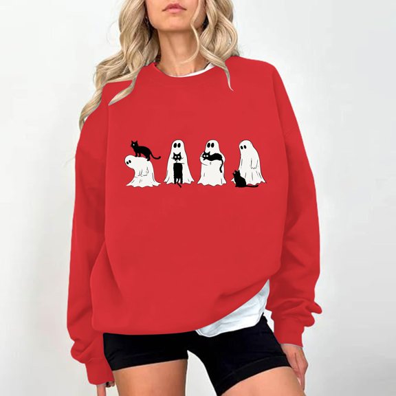Kinrui Womens Halloween Spooky Season Sweatshirt Black Cat Ghost Sweatshirts Funny Cute Long Sleeve Oversized Tops XL