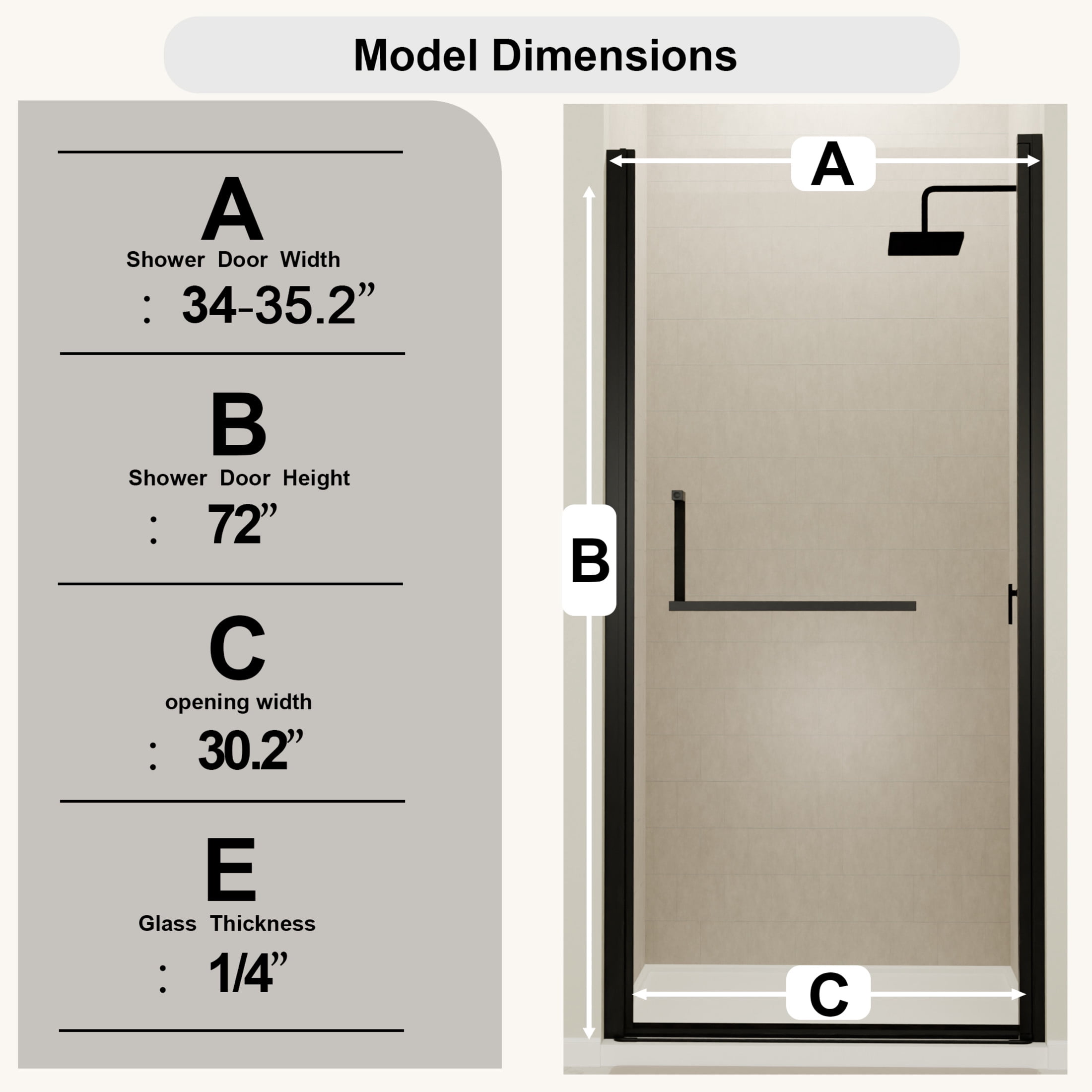 Noble House 35" Semi-Frameless Pivot Shower Door, Tempered Clear Glass, Reversible Adjustable Width, Matte Black