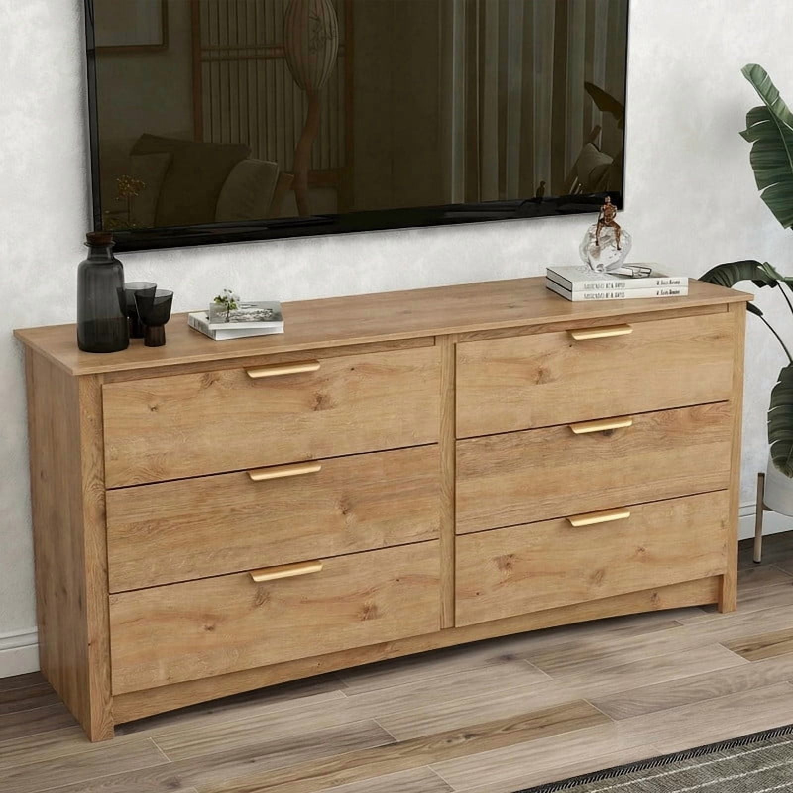Kelno Wood 6 Drawer Dresser Chest of Drawers TV Stand with Organizer Cabinet, Oak