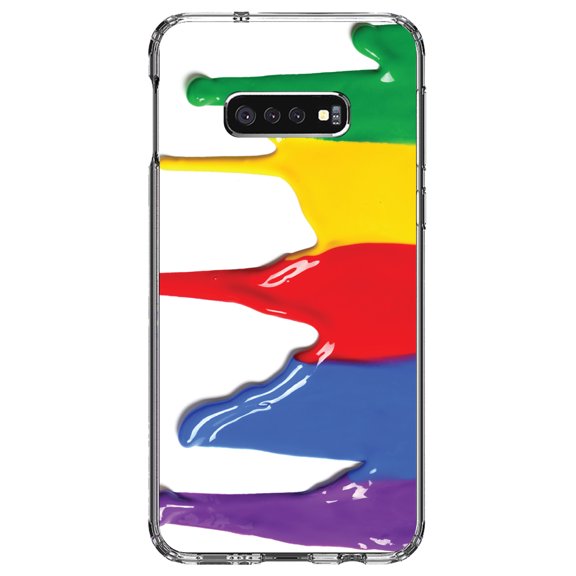 DistinctInk Clear Shockproof Hybrid Case for Samsung Galaxy S10e (5.8" Screen) - TPU Bumper, Acrylic Back, Tempered Glass Screen Protector - Rainbow Paint Dripping - Rainbow Art Supplies