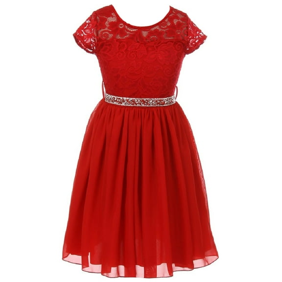 Little Girls Lovely Floral Lace Chiffon Sparkling Rhinestone Flowers Girls Dresses Red 2 (J20KS53)