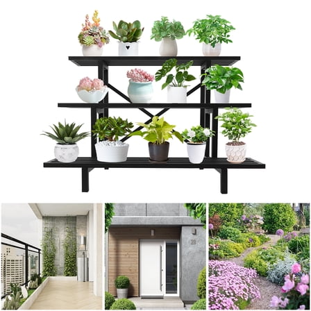 Wildnix 3-Tier Metal Plant Stand with 18 Removable Flower Buckets, Black Modern Design,   and Space-Saving for Indoor/Outdoor Use