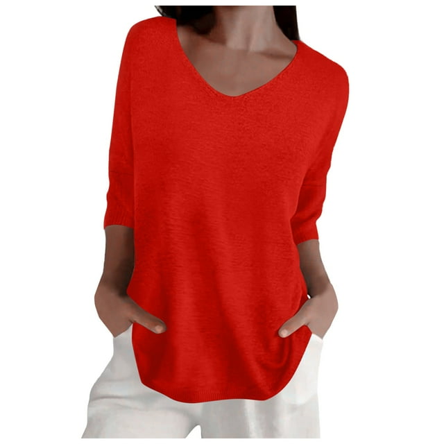 Women Spring Casual Three Quarter Sleeve Solid V Neck Loose Pullover Knit Fall Sweater Top