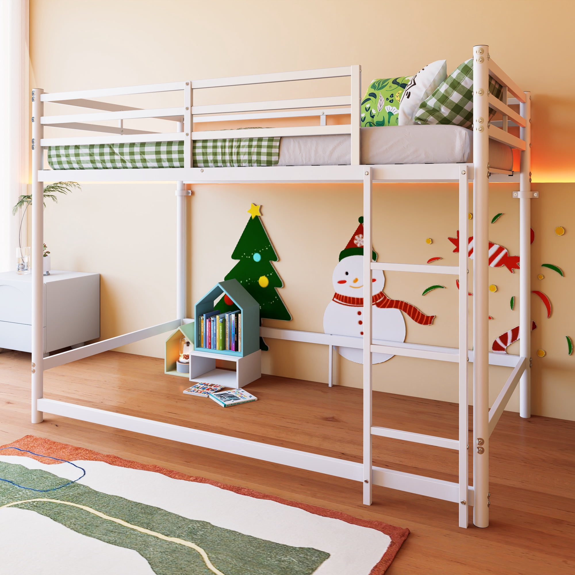 Leumius Low Loft Bed Twin Size,Metal Bunk Bed with Guardrail and 3-Step Ladder,Space Saving,White
