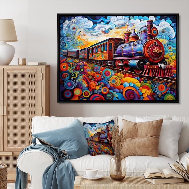 Designart train Oversized framed wall art decor, Train framed wall Art, Abstract Train curious Journey I , Multi-Color Modern black framed wall art, 32x16 inches black frame