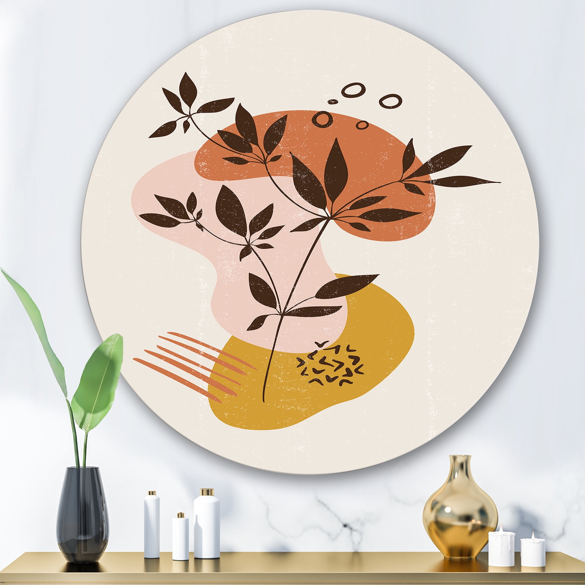 Designart 'Minimalist Shapes With Ancient Plant II' Modern Circle Metal Wall Art 36x36 - Disc of 36