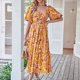 thumbnail image 4 of Puntoco Vestido Largo Informal De Verano Para Mujer, Fluido, Playero, Con Cuello Cuadrado, Esponjoso, Manga Corta, Espalda Ahumada, Flor Bohemia, Largo, Naranja, S, 4 of 7