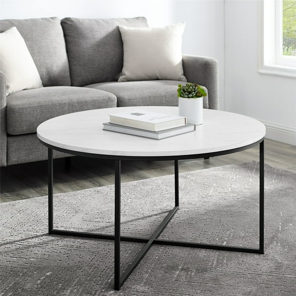 Ember Interiors Modern Round Coffee Table, White Faux Marble/Black