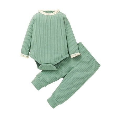 

TAIAOJING Baby Girl Clothes Solid Lace Splice Ribbed Romper+Pants Set Fall Outfits 3-6 Months