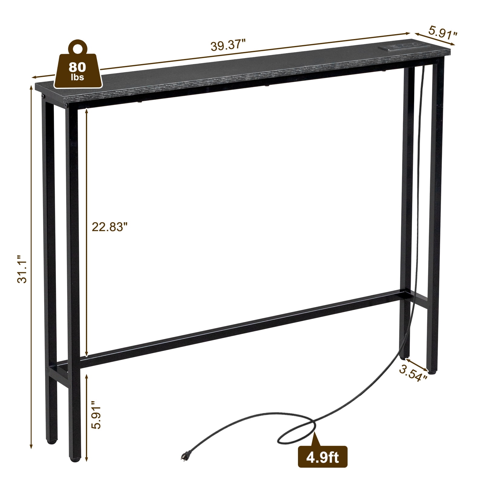 39.4" Narrow Console Sofa Table with Power Outlets and USB Ports, Skinny Couch Table with Metal Frame and Charge Station with 4.9ft Extension Cord, Black