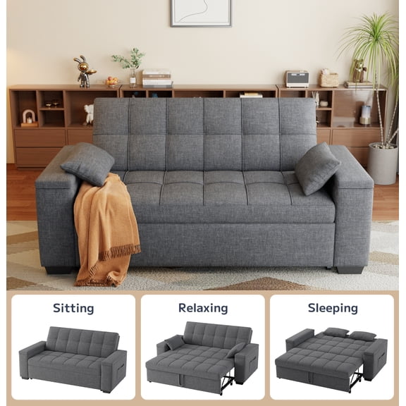 Asofer Sofa Bed, Loveseat Sofabed with Pull Out Couch, 3 in 1 Linen Fabric Futon Couches for Living Room Furniture, Full Size (Dark Grey)