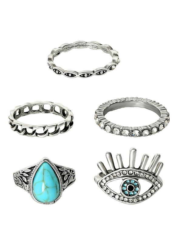Jessica Simpson Fashion Metal Faux Turquoise Stone Ring Jewelry Set, Set of 5