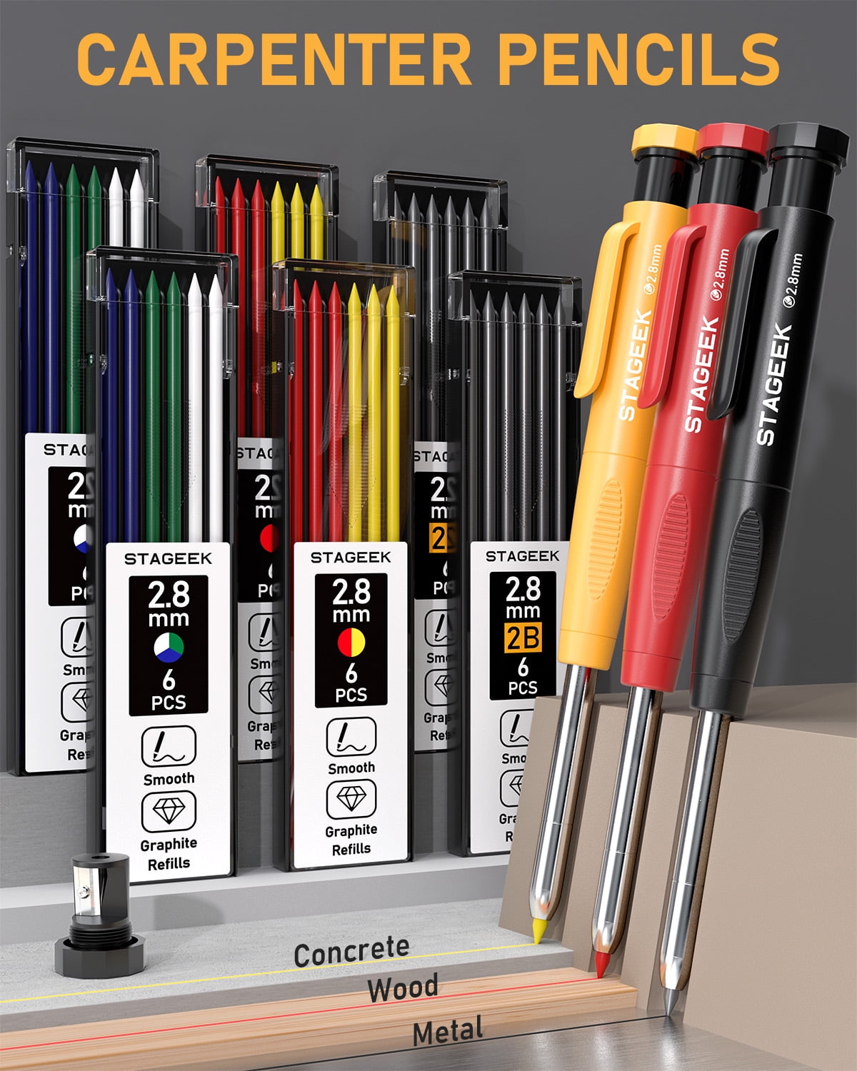 STAGEEK 34 Pack Carpenter Pencil Set with Sharpener, Mechanical Carpenter Pencils with Deep Hole Long-Nib Marker Pens, Carbide Scribe Tool & Construction Pencils for Architect Woodworking with Case