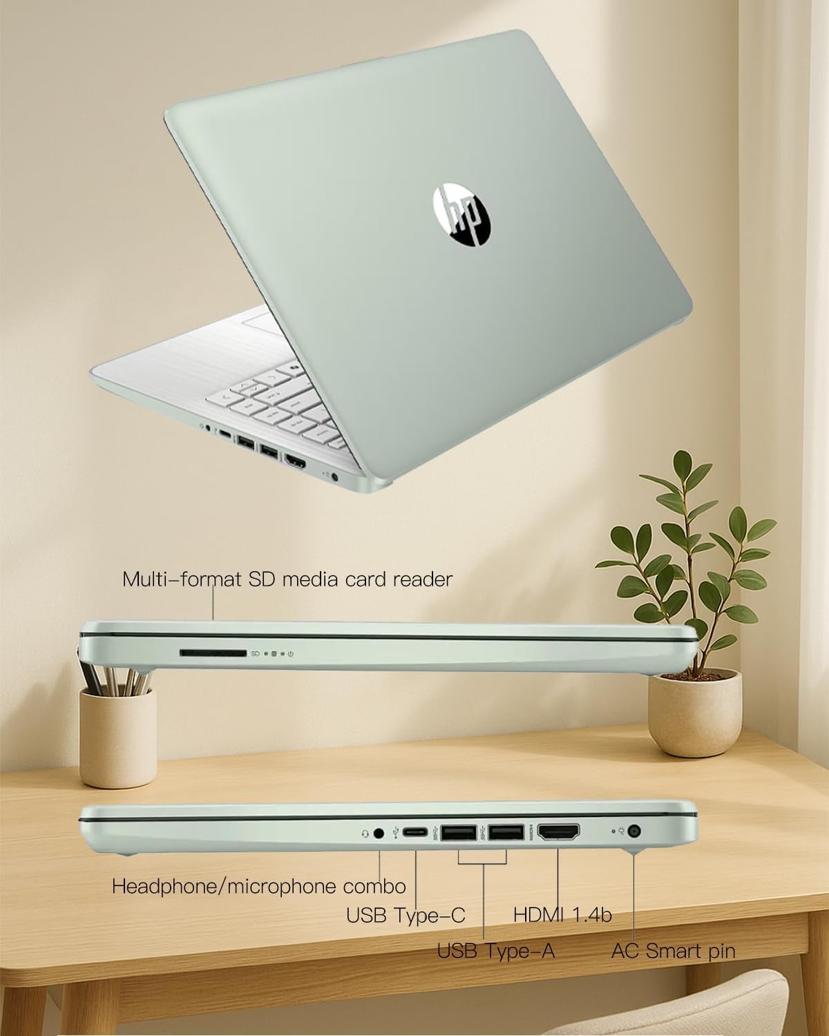 HP 14" Flagship Everyday Laptop Computer, 32G RAM, 128G UFS, 256G SD Card, Intel Quad-Core, Windows 11 Pro, AI-Powered, 1-Y Office 365, For Student & Business