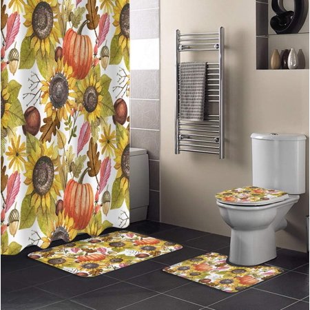 ZHANZZK Autumn Theme 4 Piece Bathroom Set Shower Curtain Bath Rug Contour Mat and Toilet Lid Cover