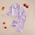thumbnail image 2 of CAUYDY Toddler Girls Halloween Pajamas Fuzzy Trim Button Down Cute Pumpkin Ghost Print Long Sleeve Shirt Elastic Pants 2 Piece Satin Pajama Set(L101-Light Purple,2-3 Y), 2 of 4