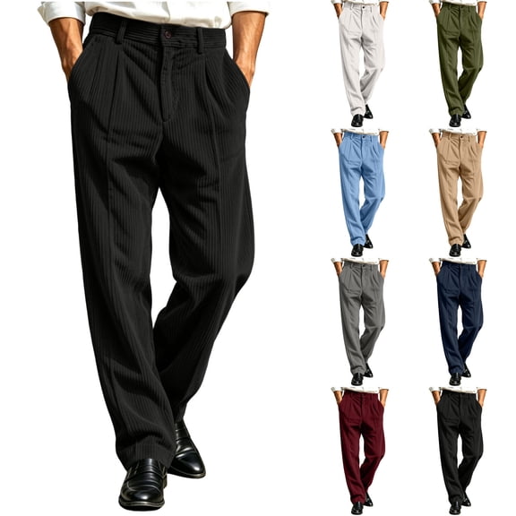 Guluxicc Golf Pants for Men Button Elastic Waist Corduroy Trousers Timeless Style Smart Casual Pants with Pockets