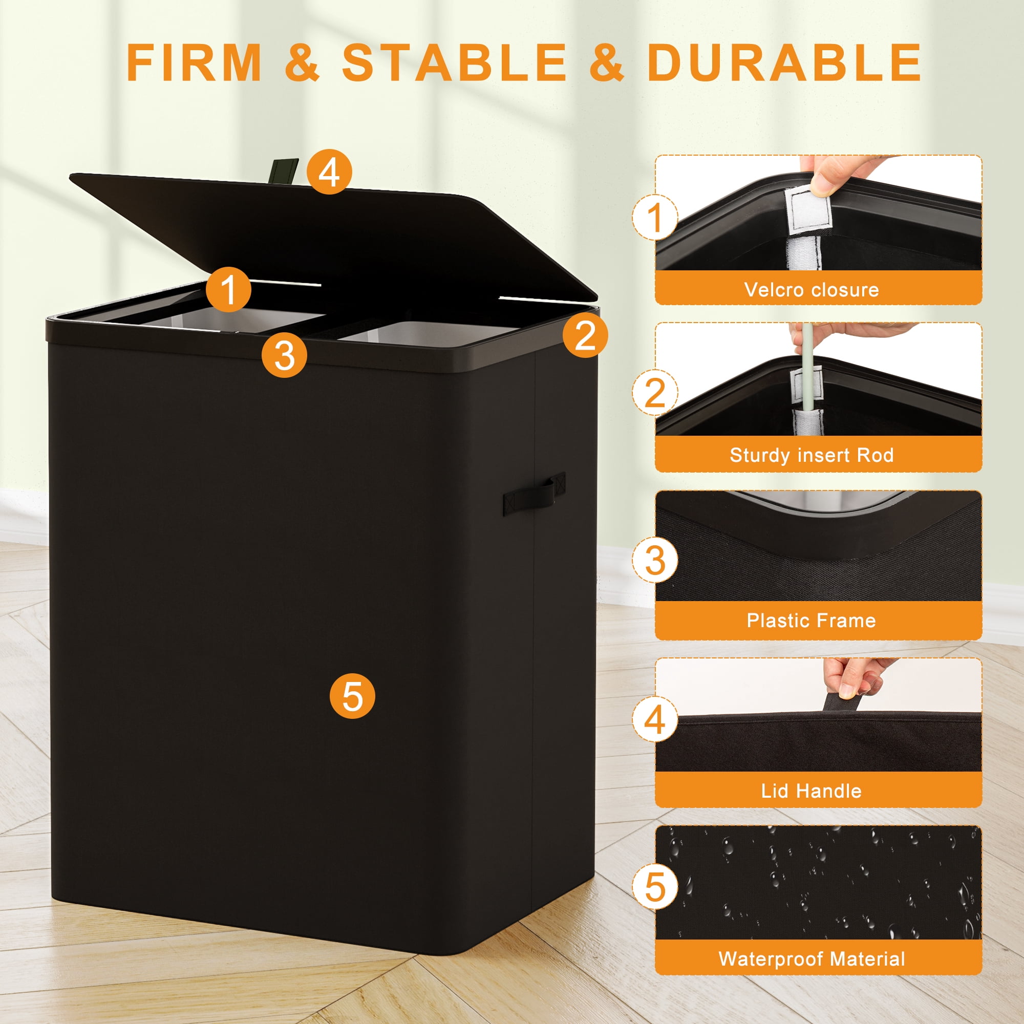 BGTREND 150L Double Laundry Hamper with Lid, 2 Removable Washing Bags with Handles, Large Clothes Sorter for Easy Separation (Black)
