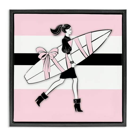 Stupell Industries Glam Girl With Surfboard Novelty Painting Black Floater Framed Art Print Wall Art, 18 x 18