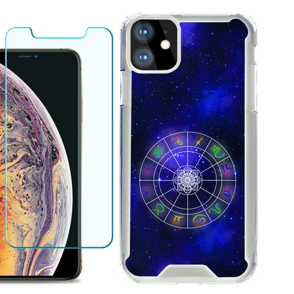 For Apple iPhone 11 Case, Hybrid Bumper Phone Case, with Tempered Glass Screen Protector, by OneToughShield ® - Zodiac / Horoscope